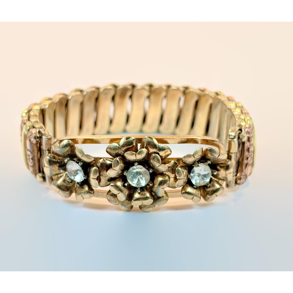 Sweetheart Bracelet Vintage Expansion Gold Filled Rose Gold Two Tone Rhinestone